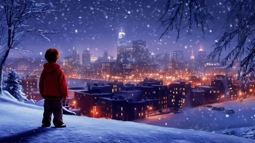 Child on snowy hill overlooking illuminated winter city.