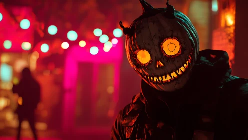 Glowing pumpkin mask figure under neon bokeh in night street scene