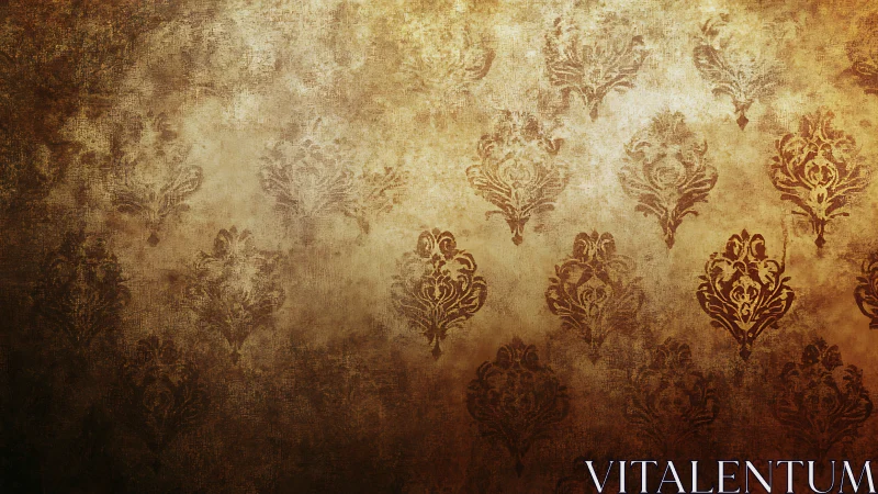 Ornate damask motifs on distressed golden wall texture.