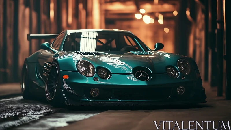 Teal Mercedes sports car glowing in a warm urban garage.