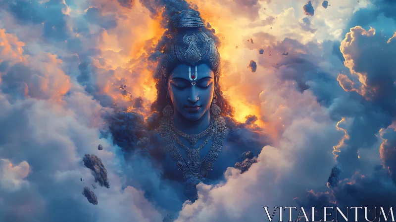 Serene celestial deity rests in glowing clouds of light