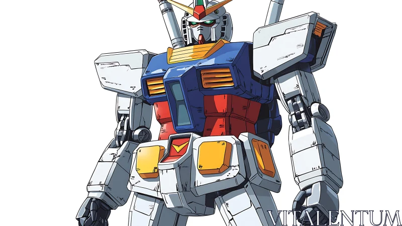 Heroic anime mecha ready for adventure and brave defense.