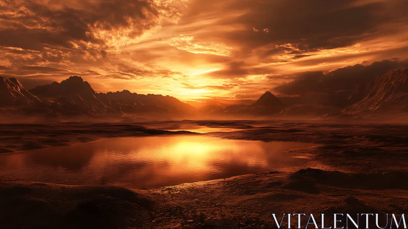 Alien desert lake under blazing orange sunset sky.