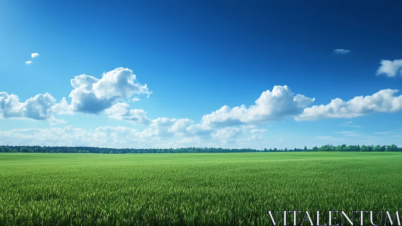 Endless emerald meadow under drifting cotton sky.