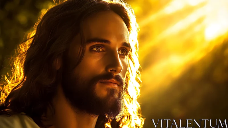 Gentle bearded figure glowing in soft golden sunlight.
