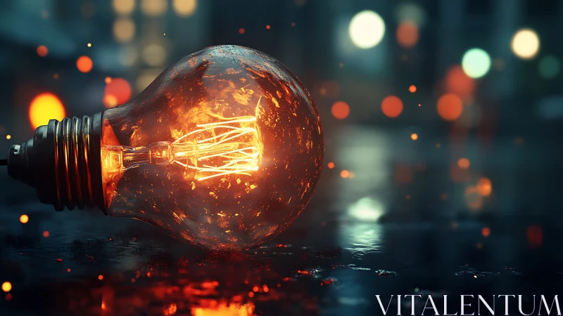 Illuminated light bulb on wet surface in urban night scene.