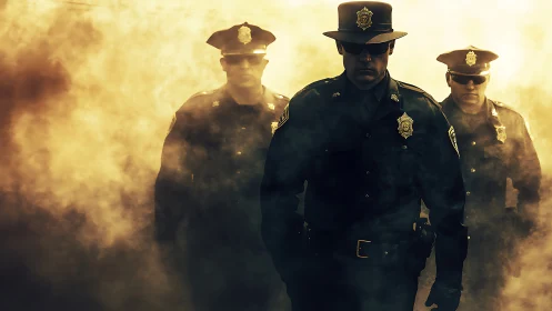 Three uniformed police officers walk forward through dense smoke