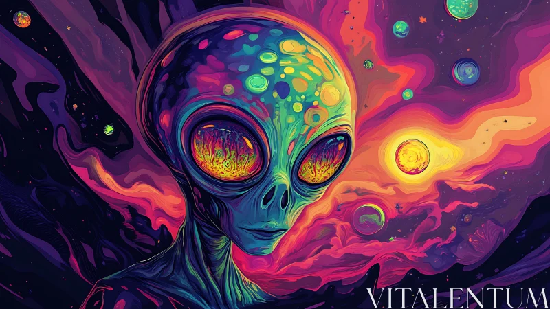 Starlit alien gazes gently across a swirling cosmic sky