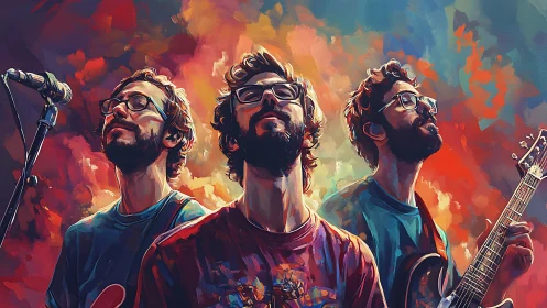 Triptych portrait of indie musician in vibrant digital brushwork