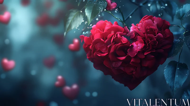 Jeweled Red Rose Heart Blooming Against Dreamy Blue Backdrop
