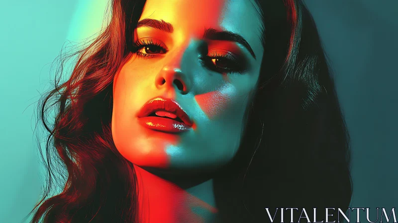 Neon-lit female portrait with cinematic dual color lighting.