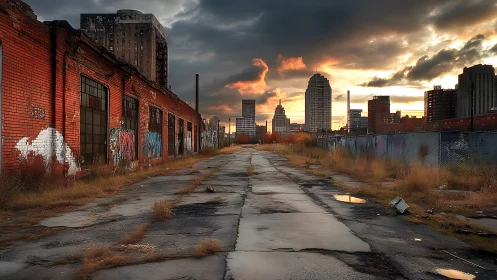 Urban decay and city skyline at dramatic sunset.