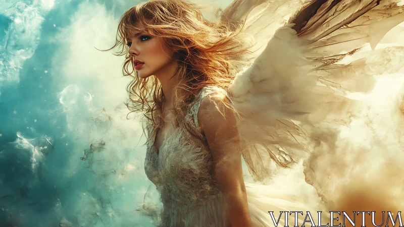 Storm-tossed angel strides through watercolor skyfire clouds.