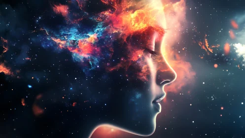 Cosmic nebula portrait merging female profile with starlit void.