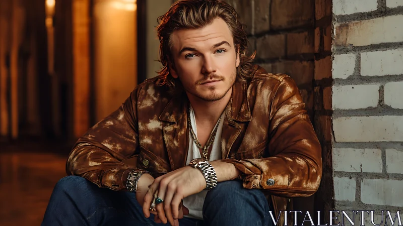 Confident man in leather jacket relaxes against warm brick wall