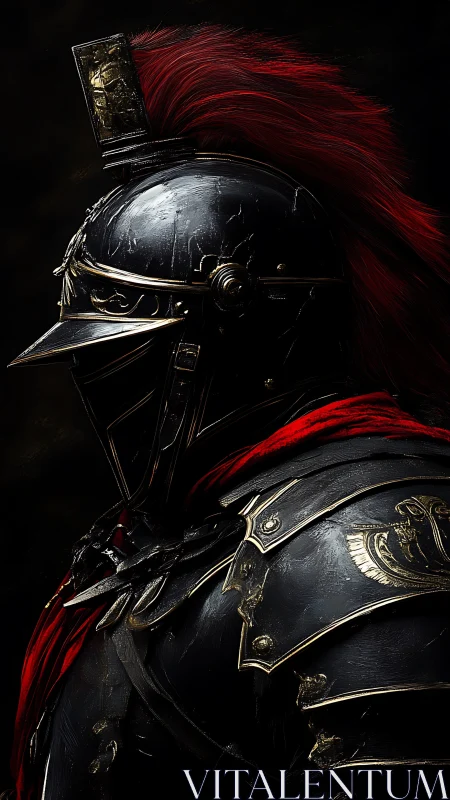 High-contrast profile of black plated knight helmet with red plume