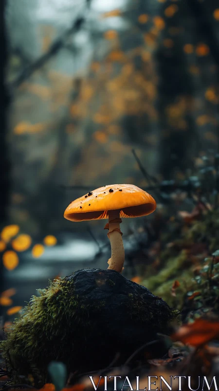 Orange woodland mushroom on mossy stone in misty bokeh forest.