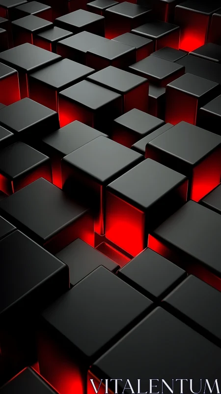 Black geometric cubes with red underlighting in tight grid.