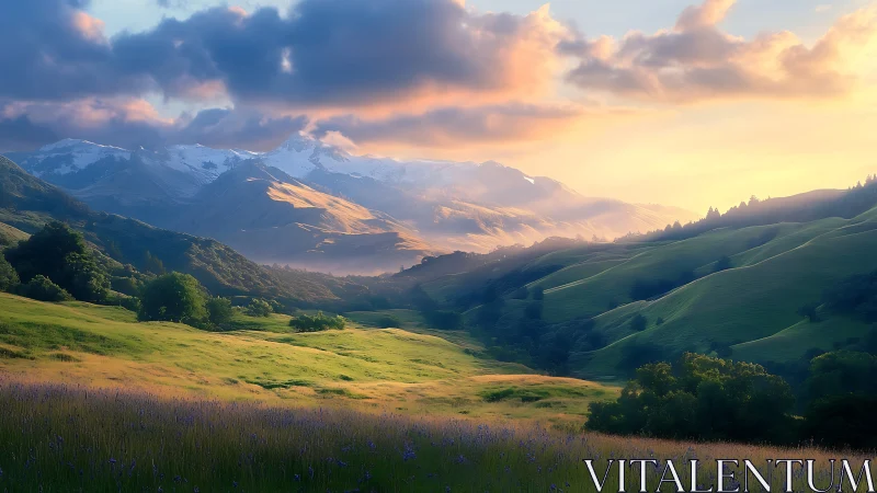 Sunlit hills whisper toward distant snow crowned peaks