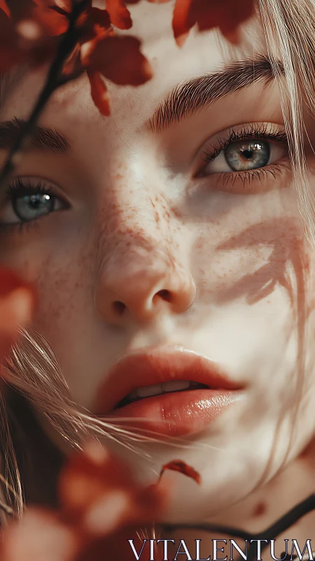 Freckled female portrait framed by soft autumn foliage.