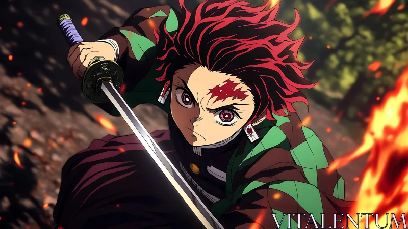 Dynamic anime swordsman lunges forward with blazing resolve