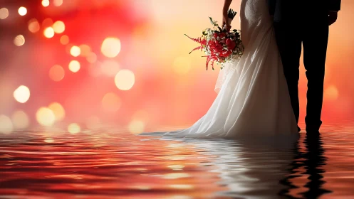 Newlywed couple sharing dreamy reflections by water.