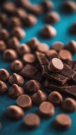 Photorealistic milk chocolate morsels on teal tabletop surface.