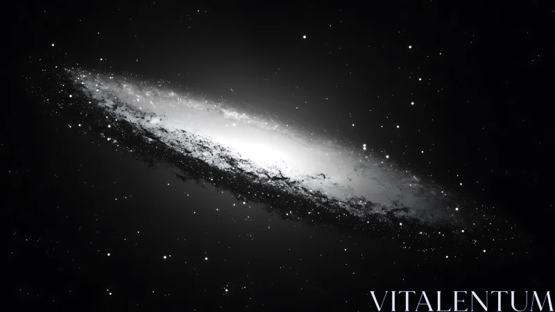 Edge-on spiral galaxy in monochrome deep space view.