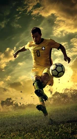 Dynamic football striker executing aerial volley under stormy sky.