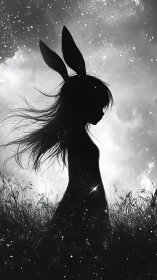 Moonlit bunny-eared silhouette in a softly glowing field.