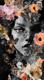 Monochrome visage in floral-lepidopteran mixed-media field.