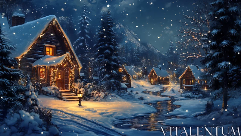 Snow-covered cabins stand along a winding winter stream