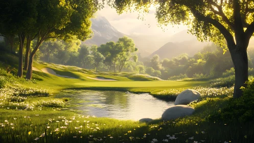 Serene golf course pond with trees and distant mountains.