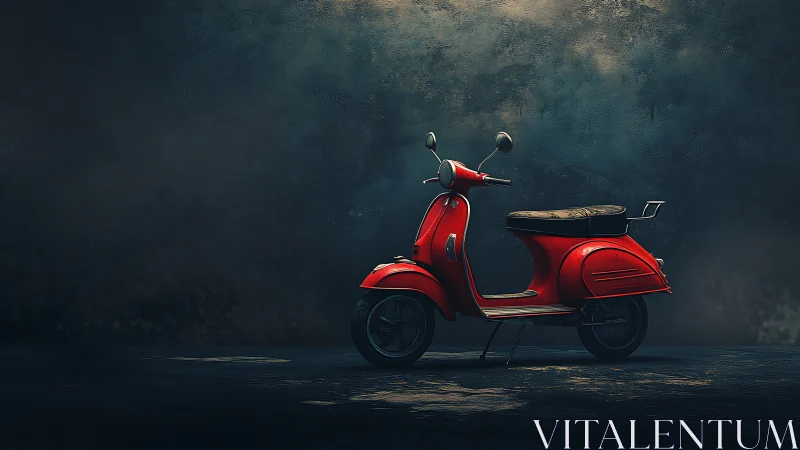 Red vintage scooter stands alone in a dark moody studio