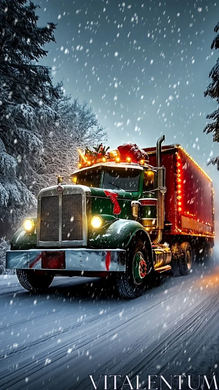 Festive Christmas truck glowing along a snowy forest road.