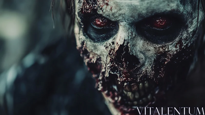 Decayed zombie skull stares forward with bloodied hollow eyes