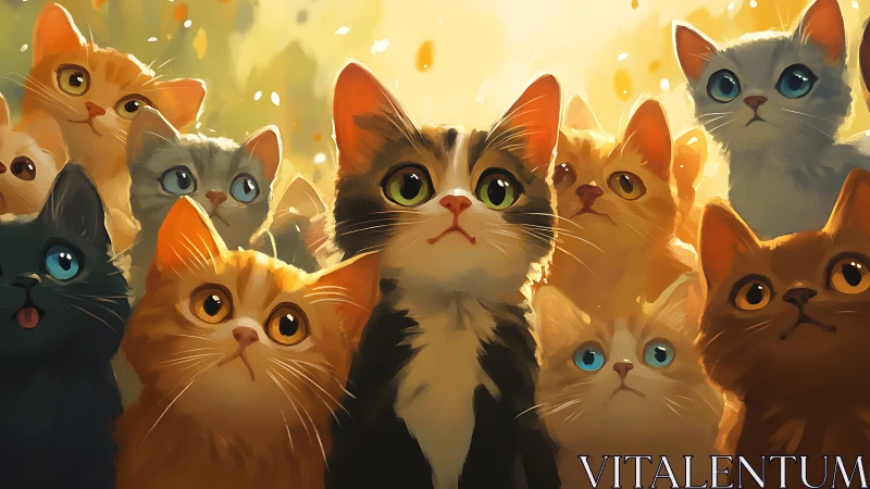 Expressive Cat Group Illuminated in Warm Golden Light.