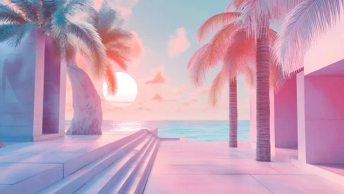Pastel coastal terrace with surreal palm-lined sunset glow.