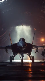 Stealth fighter jet framed by cinematic hangar backlighting