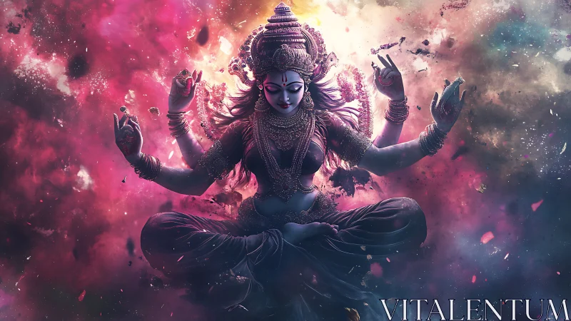 Cosmic multi-armed goddess radiates over nebula sky.