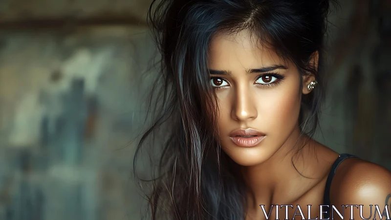 Intense gaze of woman in warm-toned photoreal portrait.