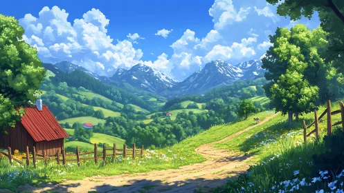 Sunlit pastoral valley with mountain range and country cottage