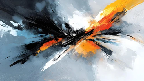 Dynamic abstract painting with bold black, orange, and yellow strokes.