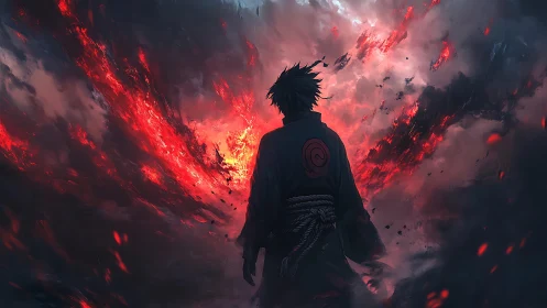 Solitary warrior surveys erupting crimson storm vortex