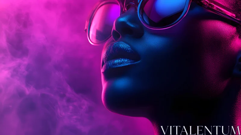 Futuristic woman in sunglasses with neon lighting and vibrant colors.