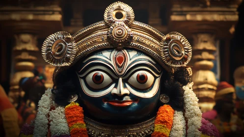Ornate Hindu deity mask with garlands in temple interior