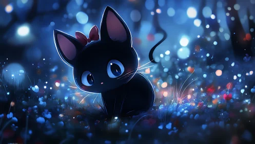 Starry meadow kitten with curious eyes and a bright bow.