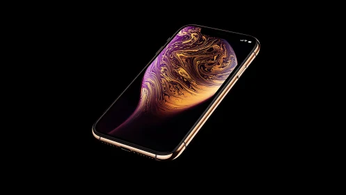 Gold smartphone displaying abstract purple and gold liquid wallpaper design