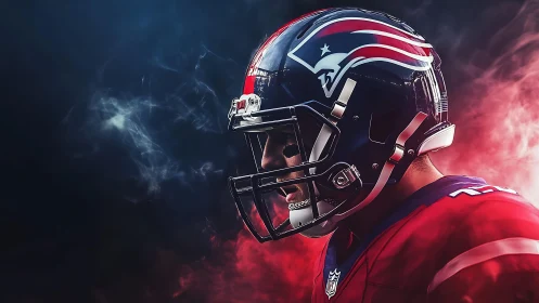 Focused football player in bold red and blue game armor.