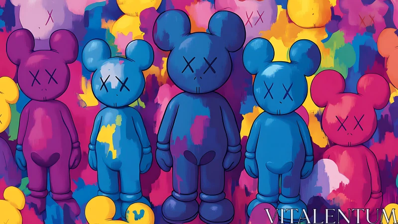 Colorful crossed-eye bear figures on abstract backdrop.